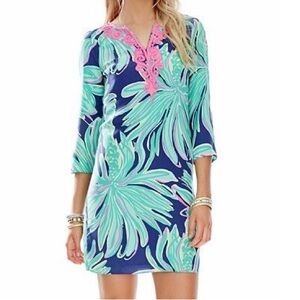 Lilly Pulitzer Navy and Green Leaf Dress with Pink Accents